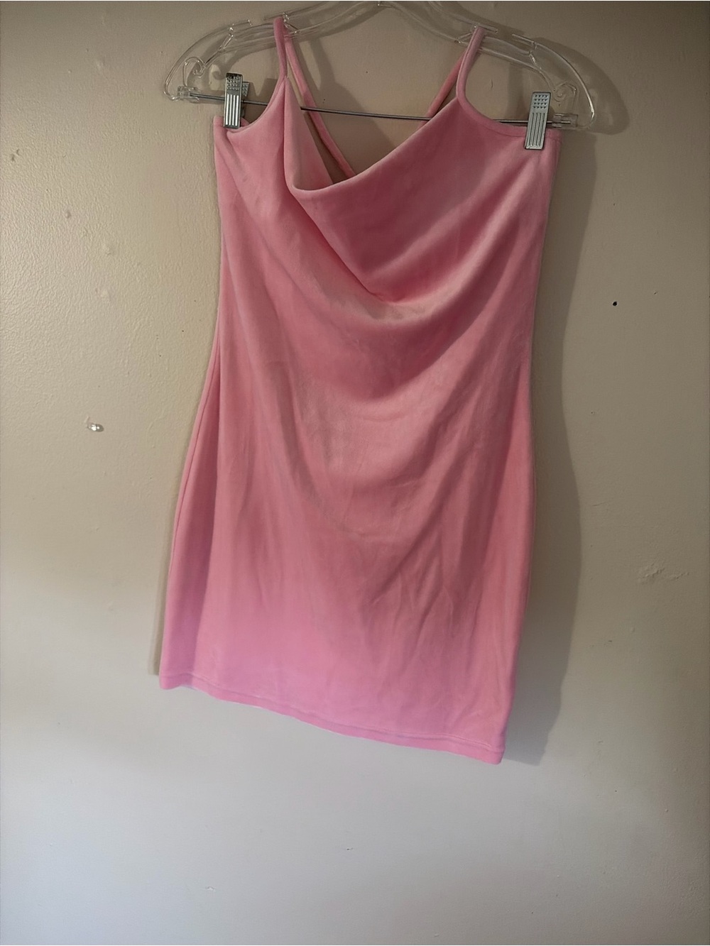 Pink Cowl Neck Mini Slip Dress with Spaghetti Straps